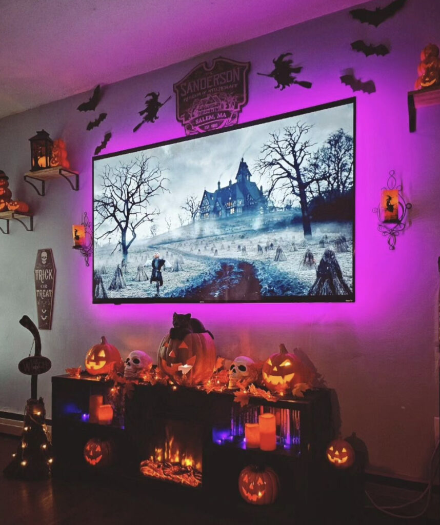 Living Room with Purple LED Lights & Jack-O-Lanterns