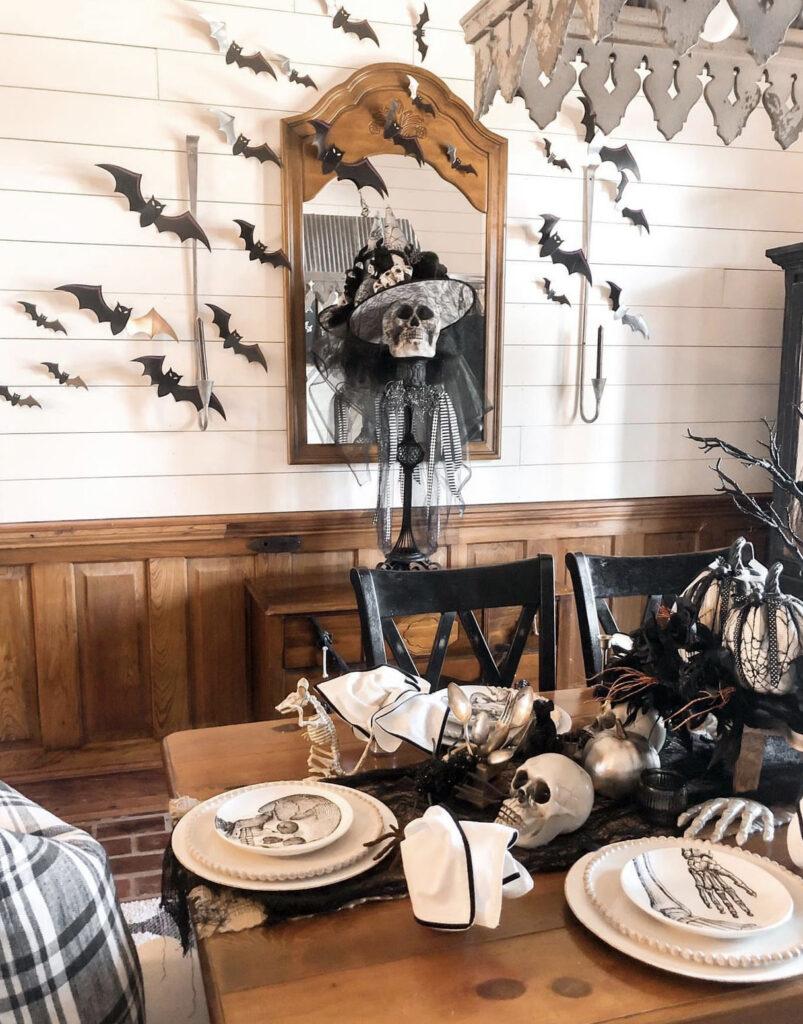 Rustic Vintage Dining Table Setup with Skeletons