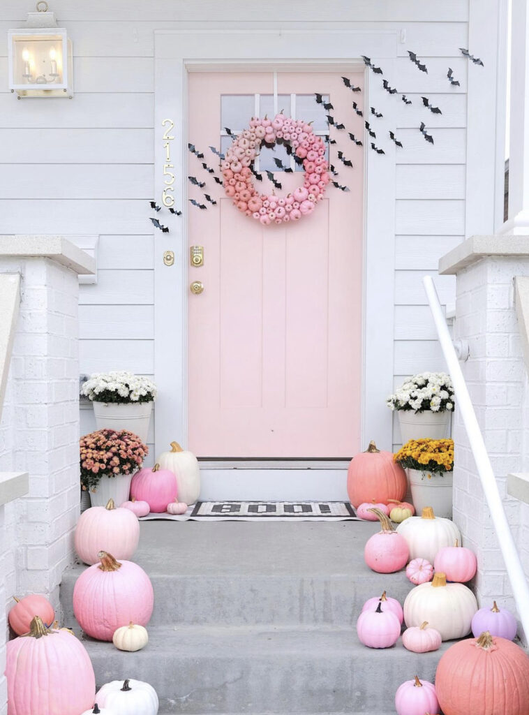 Pink Door with Pink Pumpkins & Wreath