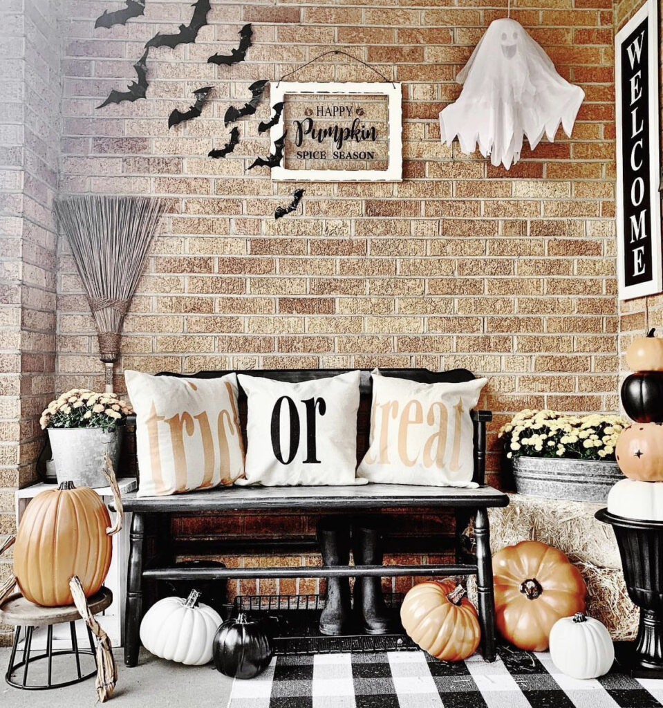 Classic Trick or Treat Porch Pillows with Black & White Checkered Rug