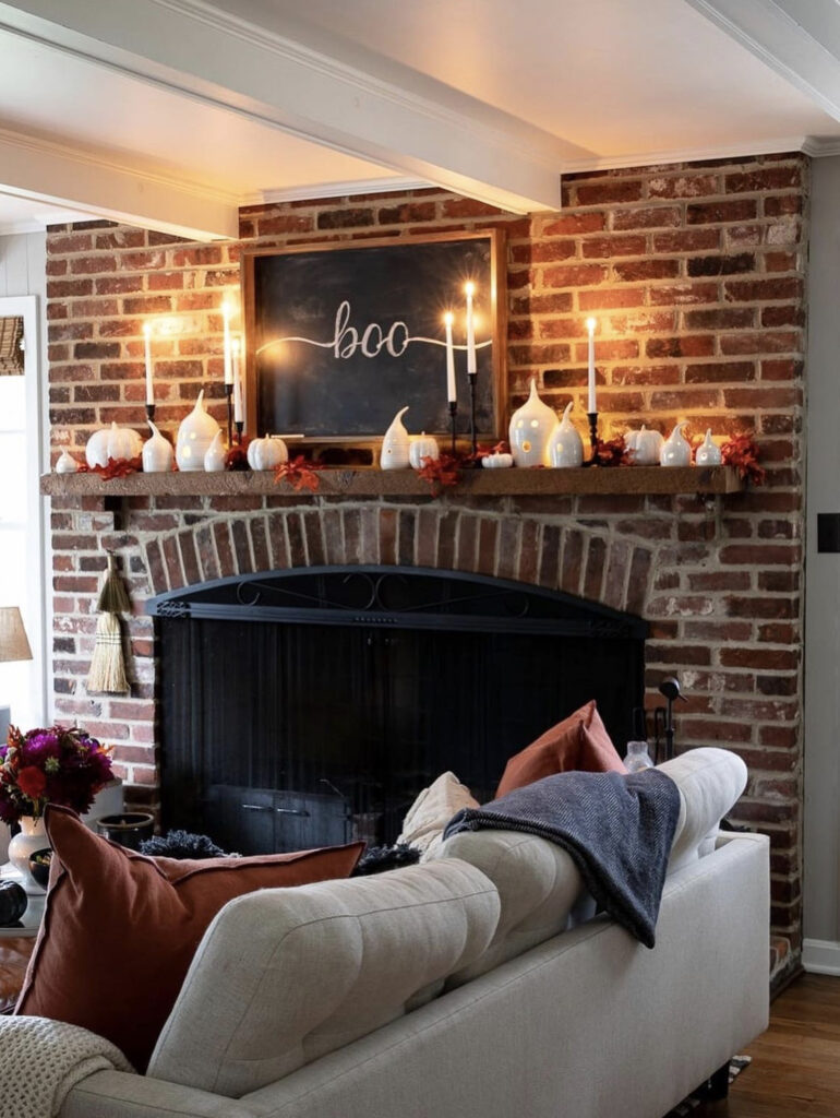 Simple “boo” Chalkboard Rustic Fireplace with Candlesticks