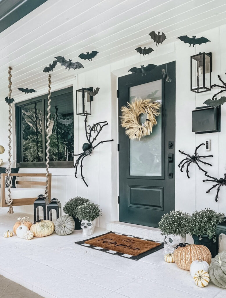 Black & white Porch with Bats & Skull Planters