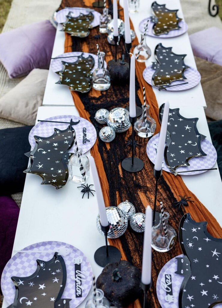 Disco Halloween Tablescape with Sparkly Bat Plates