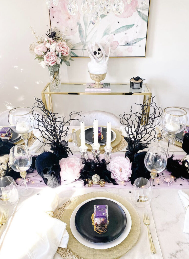 Glamorous Pink & Black Halloween Table setup