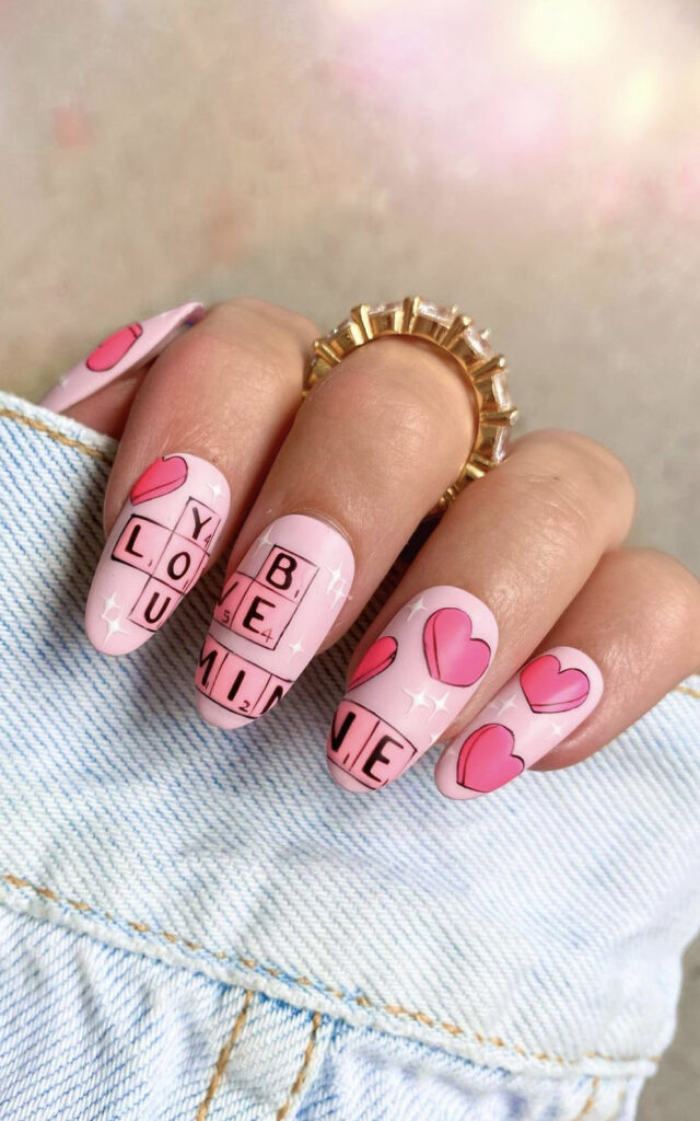 Valentine’s Pink Crossword Nails