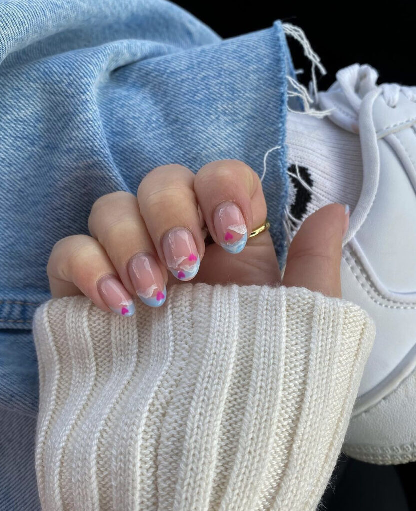 Sky Blue Tips with Hearts & Clouds Nails