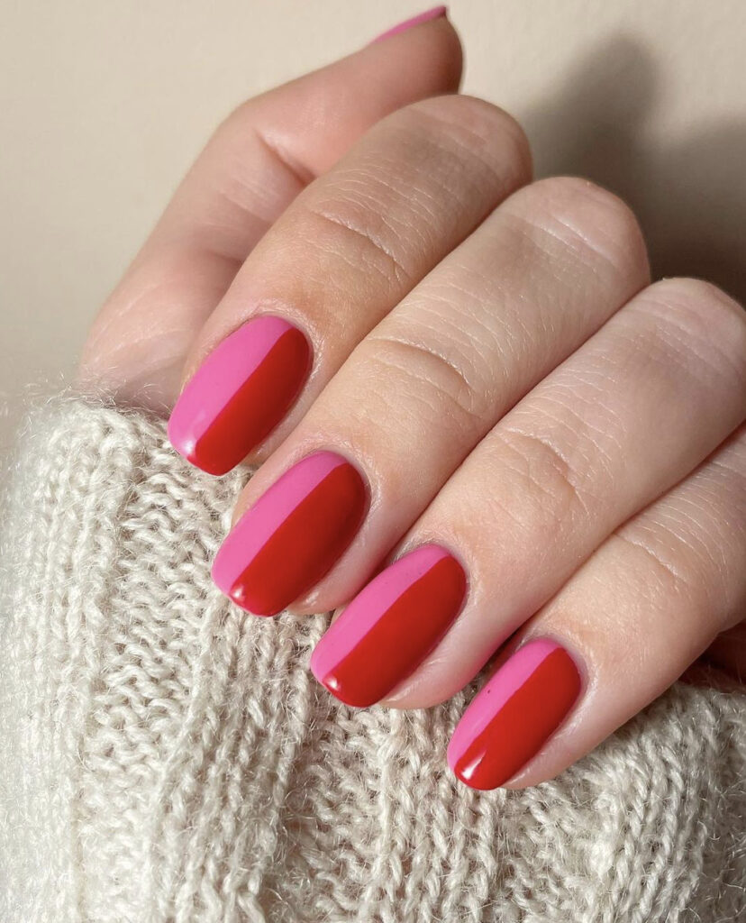 Simple Two-Tone Red & Pink Valentine’s Day Nails