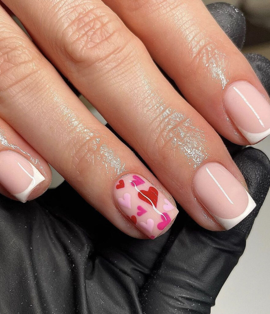Simple Hearts Party Nail with French Tips Valentine’s Nails