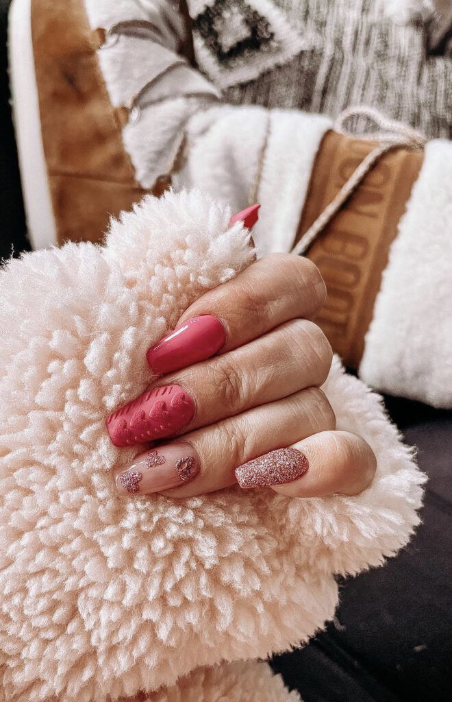 Pink Sweater Textured Valentine’s Day Nails