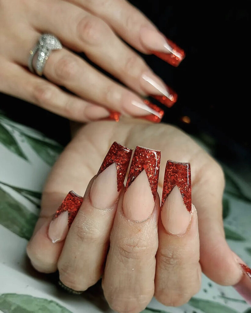 Glamorous Red Glitter Tips on Long Acrylic Nails