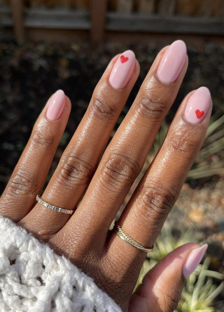 Minimalist Nude Pink Nails with Red Hearts