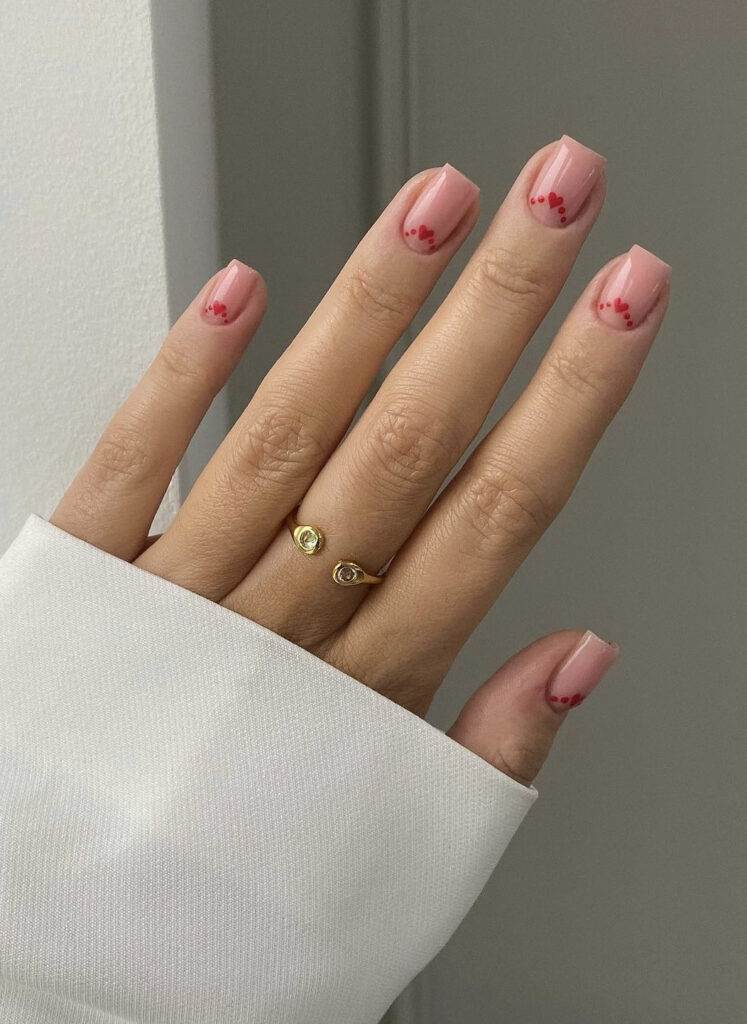 Minimalist Nude Short Valentine’s Day Nails with Small Hearts