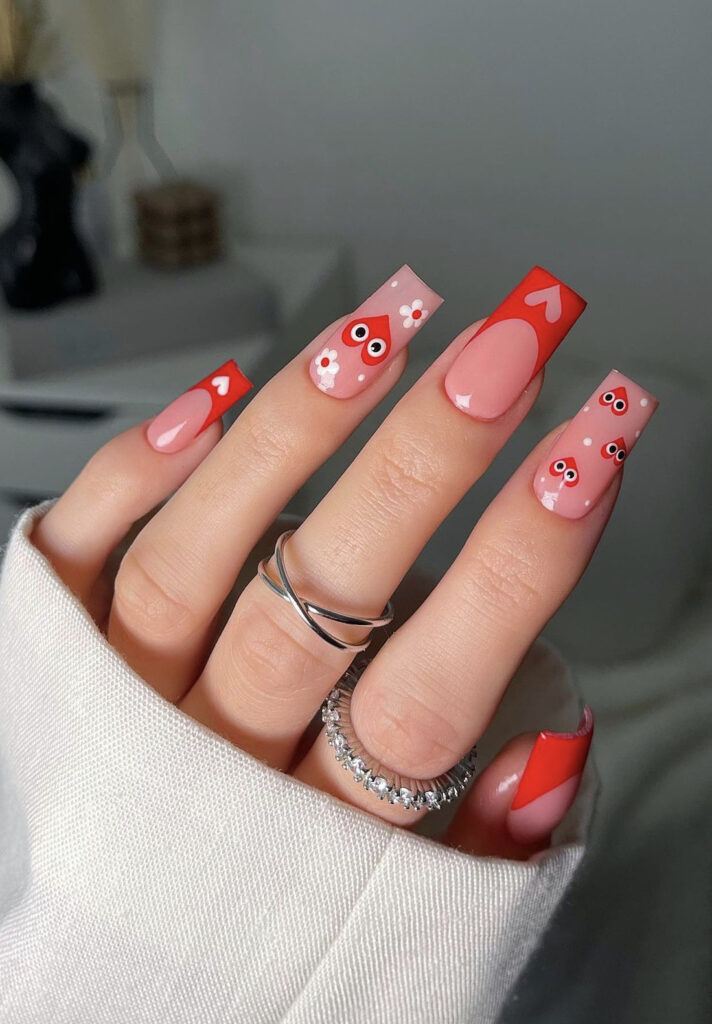 Acrylic Valentine’s Day Nails with Red Heart Faces