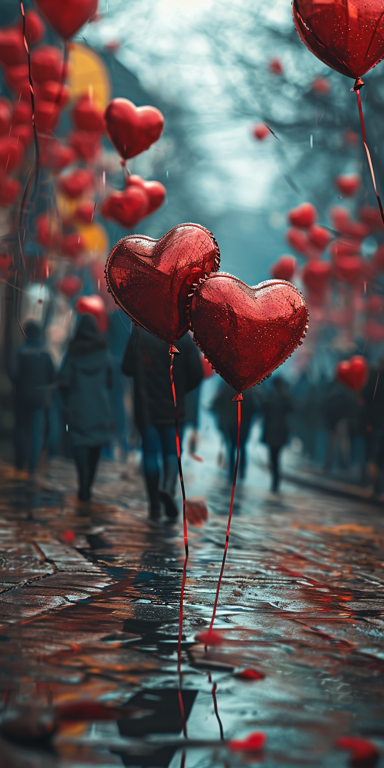 Heart Balloons on a Rainy Day Moody Valentines Day Phone Wallpaper