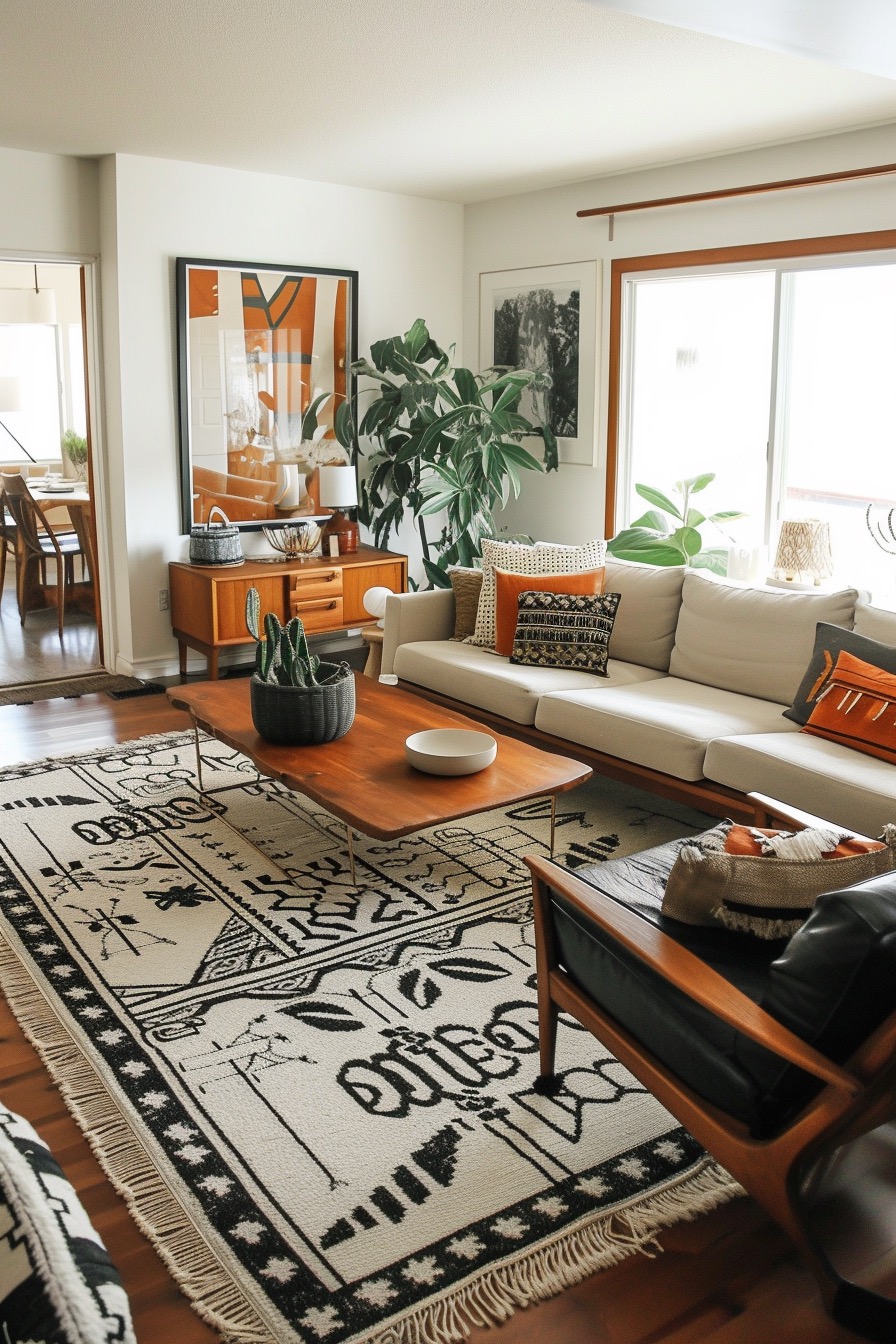 Midcentury inspired 70s living room with large wood coffee table & patterned area rug