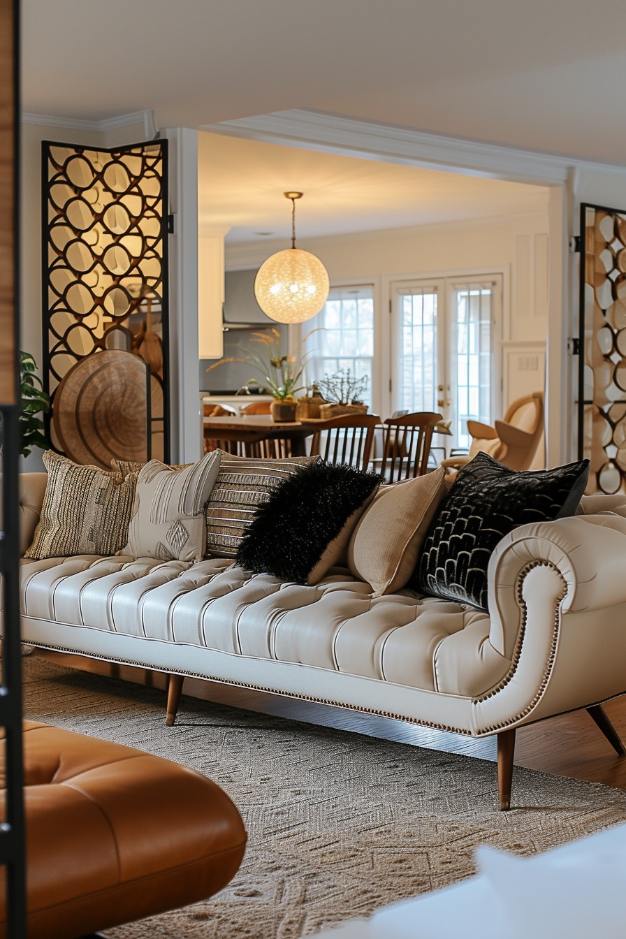 Beige, black, and gold 70s inspired living room with textured accent pillows