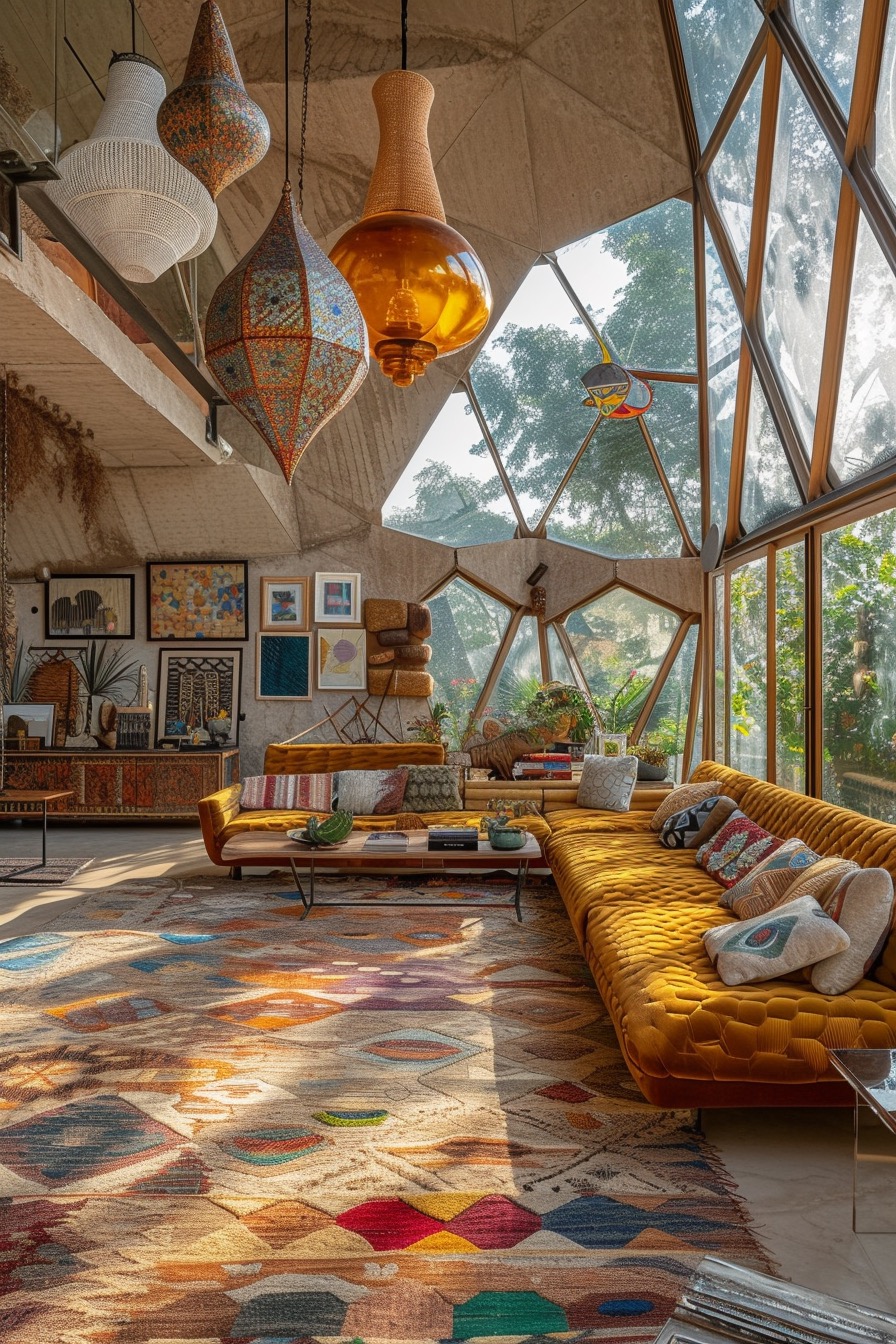 Futuristic 70s inspired geodesic dome with unique pendant lighting
