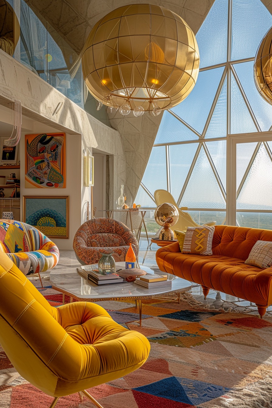 Penthouse 70s inspired living room with colorful patterned seating & large patchwork area rug