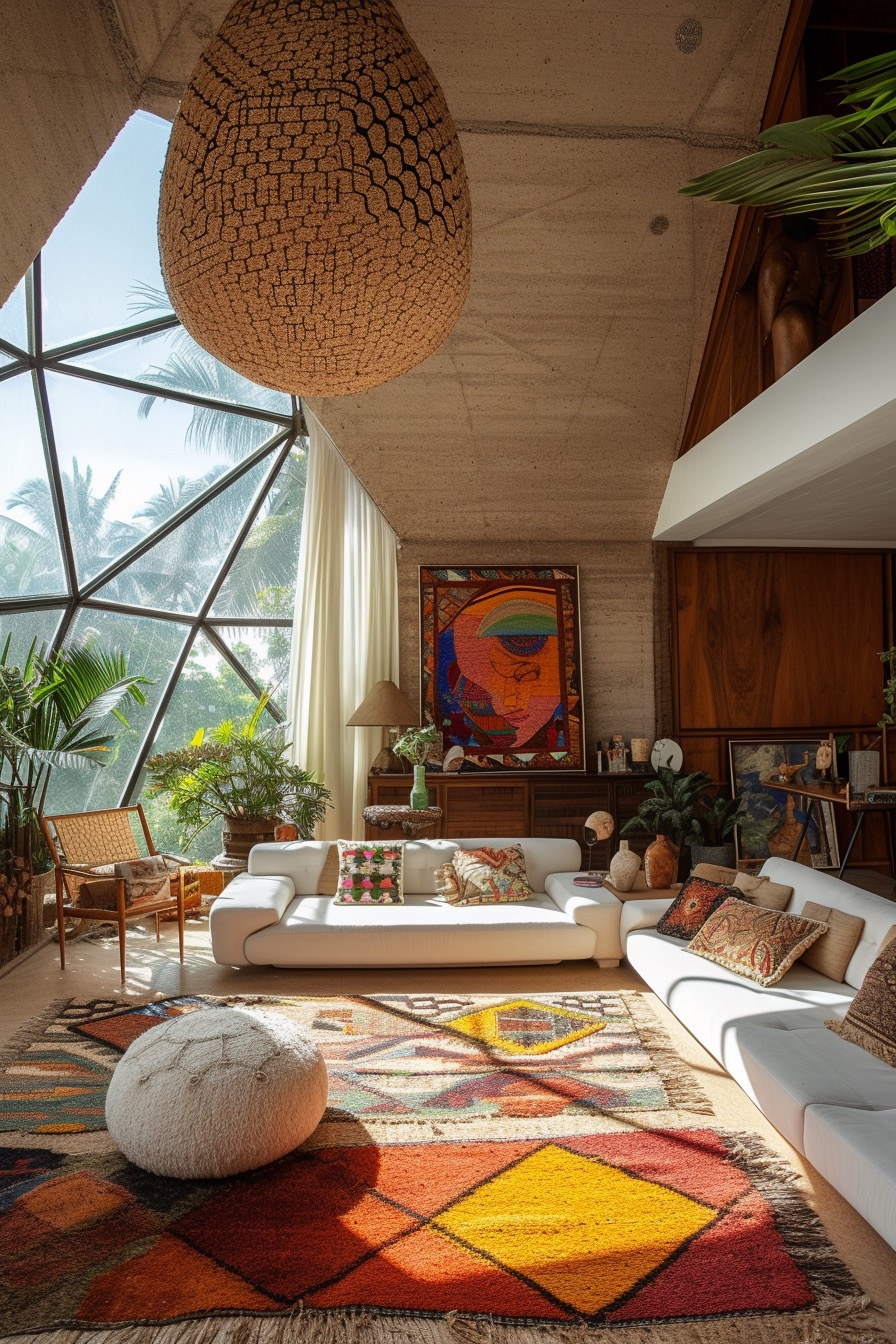 Large boho geodesic dome inspired living room with organic textures & colorful patterns
