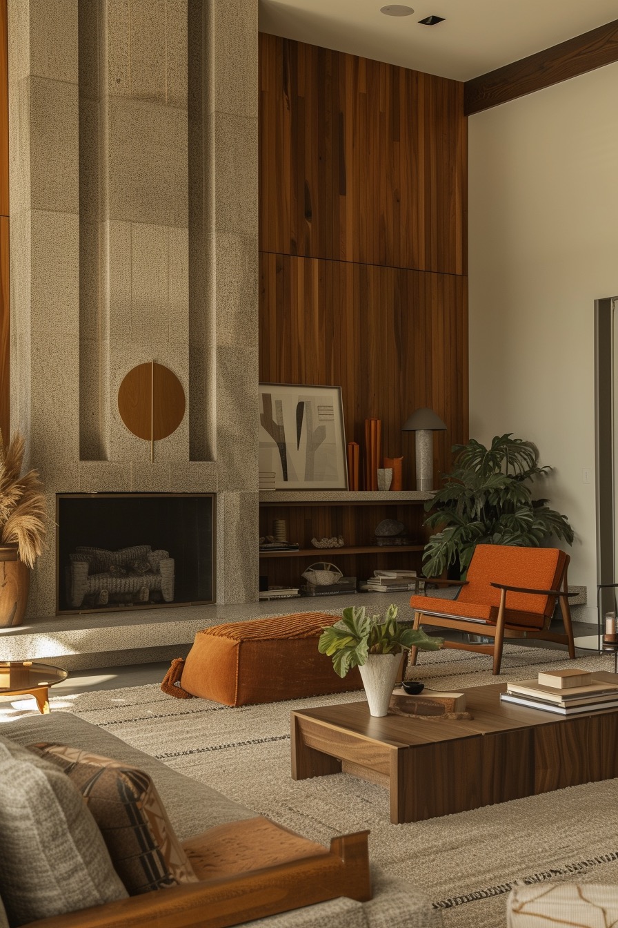 70s living room with tall stone fireplace & wood walls