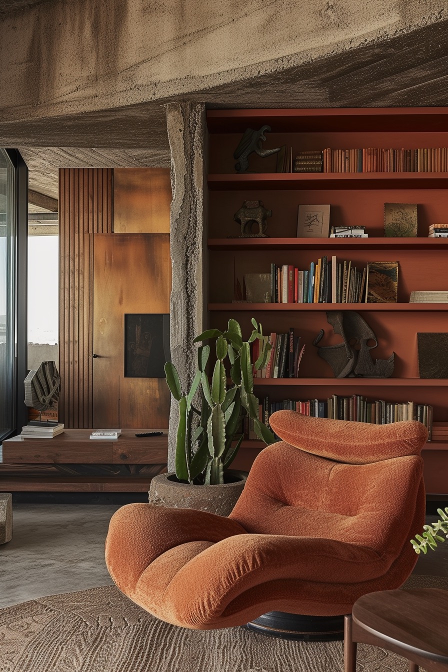Cozy desert inspired reading nook with terracotta bookshelves