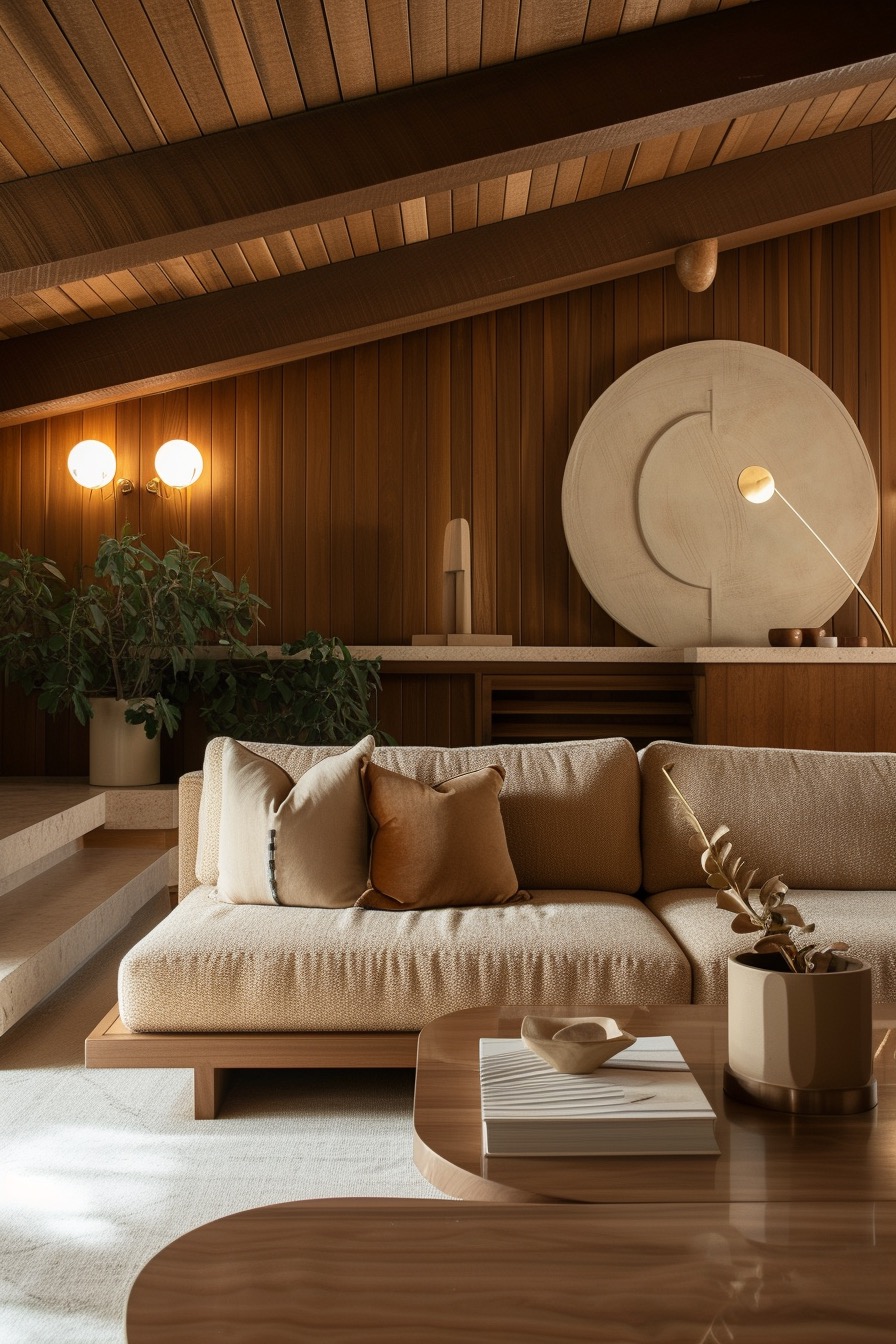 Minimalist wood & beige 70s-inspired living room