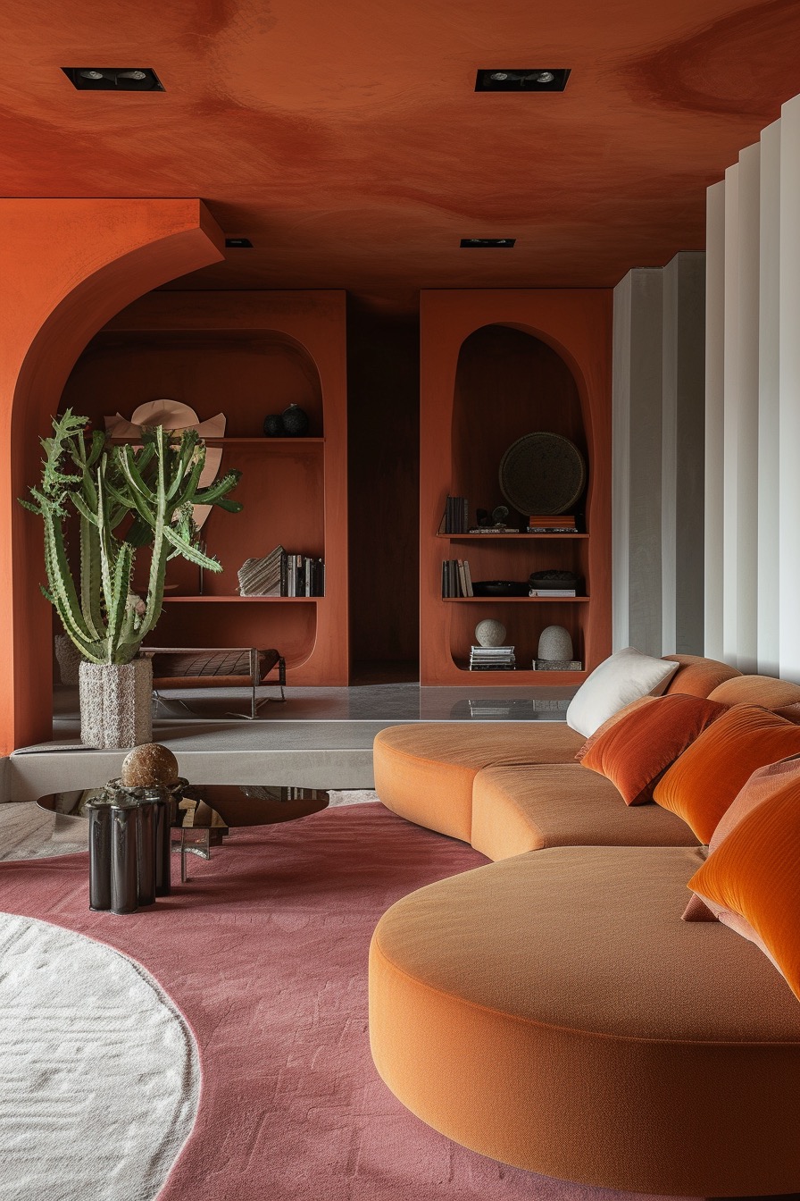 Orange & terracotta 70s-inspired living room with pink carpet