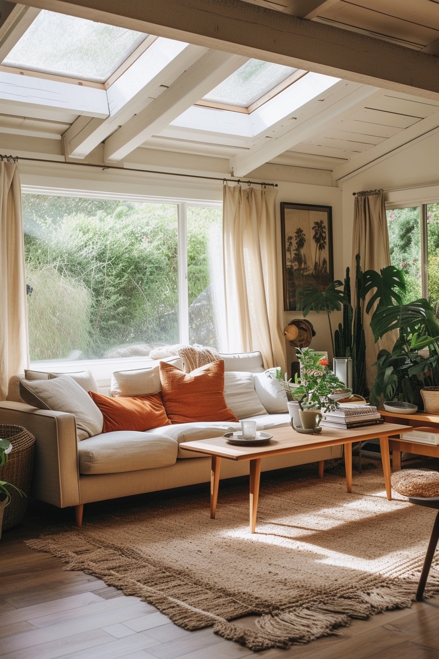 Bright & airy 70s living room with skylight & natural light