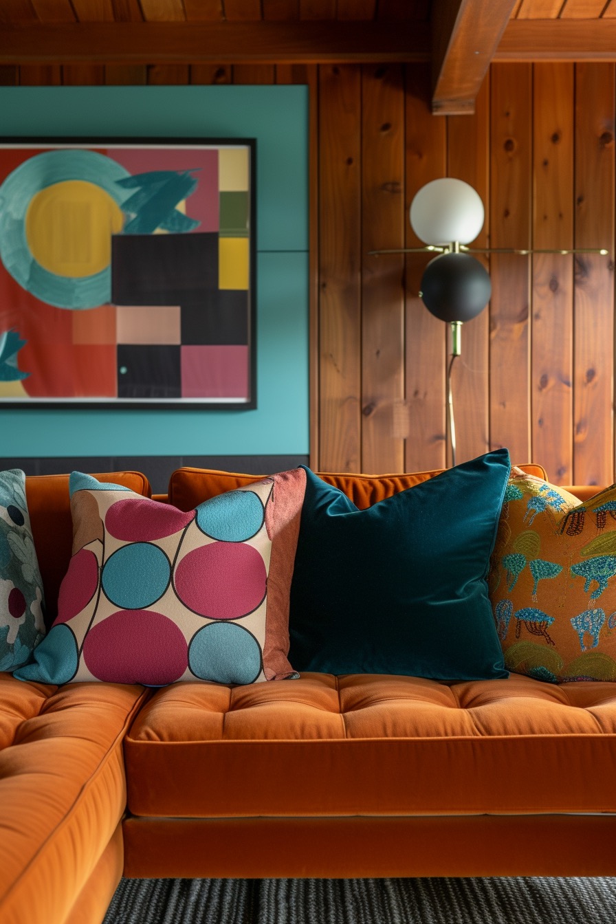 Orange sectional with 70s pattern inspired accent pillows