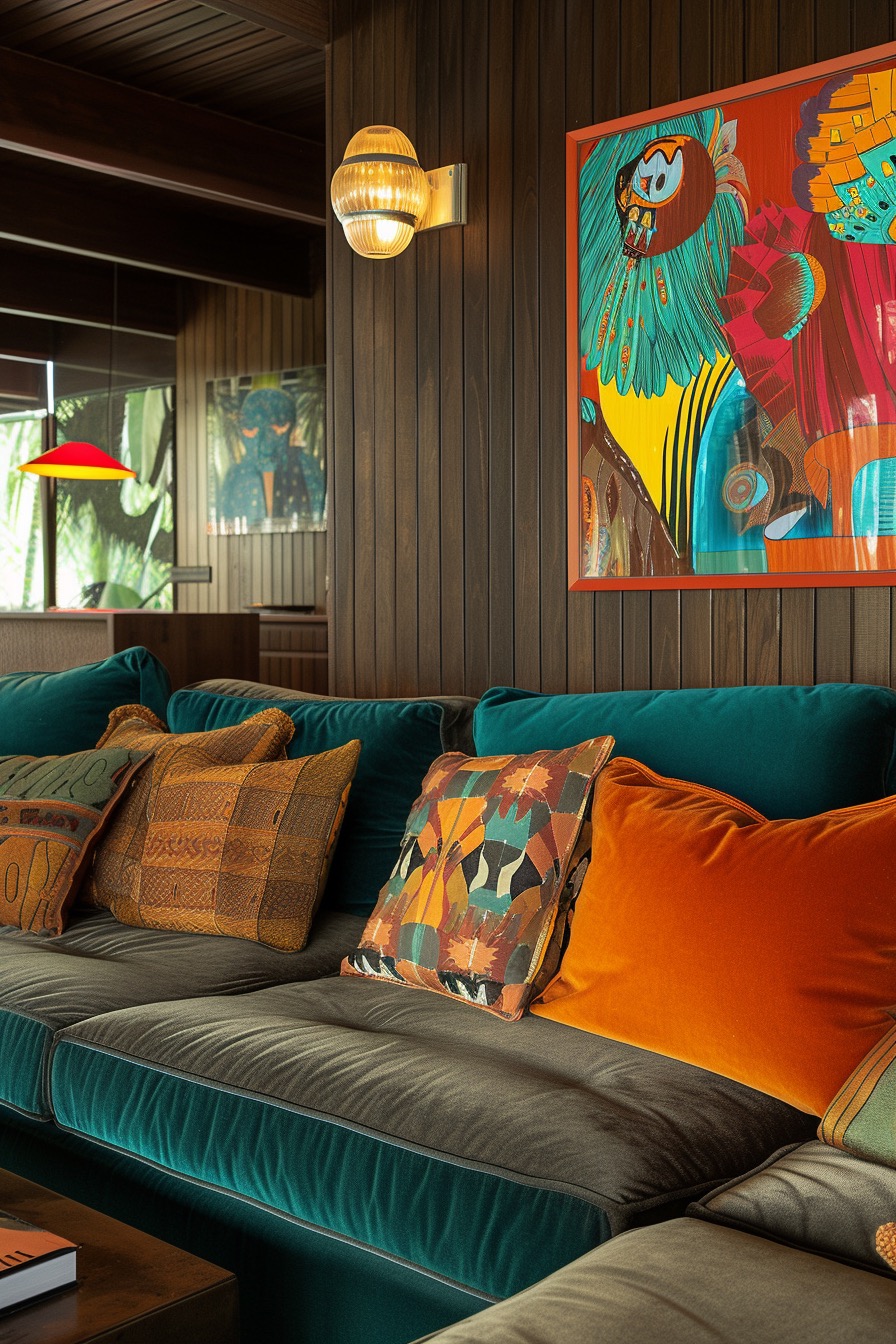 Funky colorful blue & orange 70s inspired living room