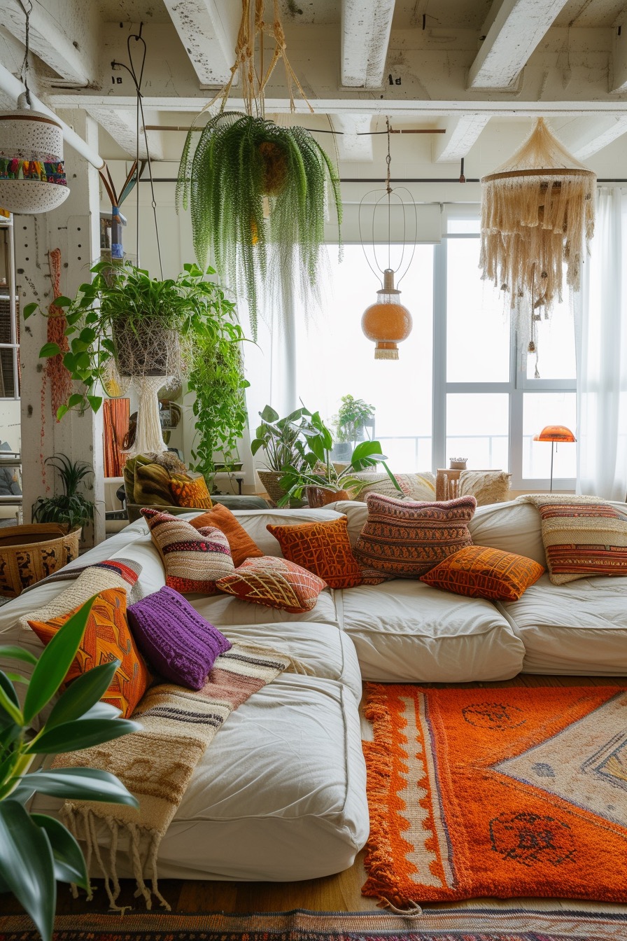 Bright & airy bohemian 70s living room with hanging plants