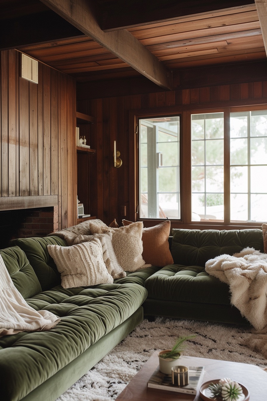 Cozy green sectional with wood paneled walls