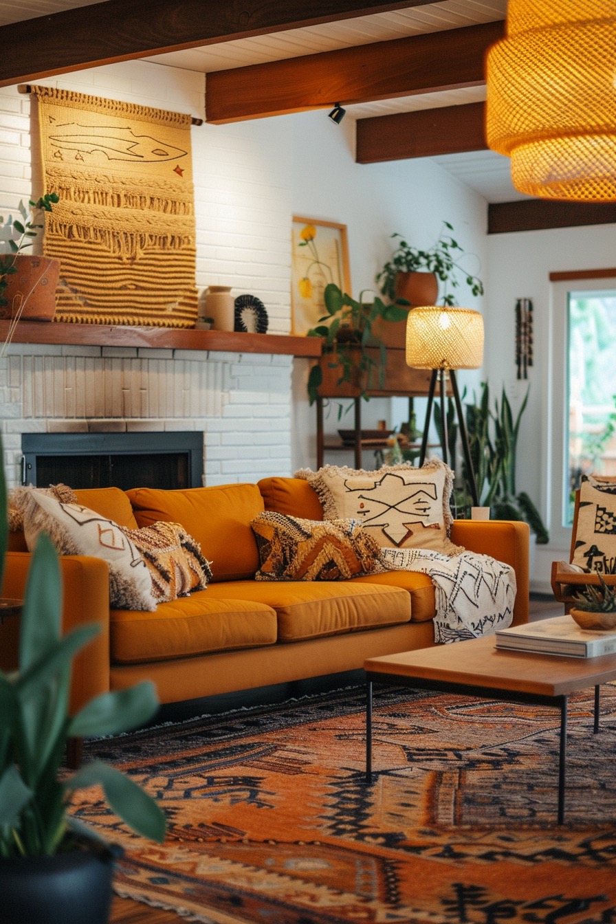 Boho 70s living room with geometric textures & wood ceiling beams