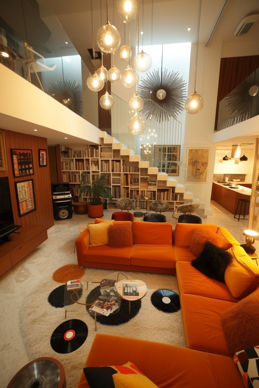 70s inspired living room with high ceilings & an orange sectional