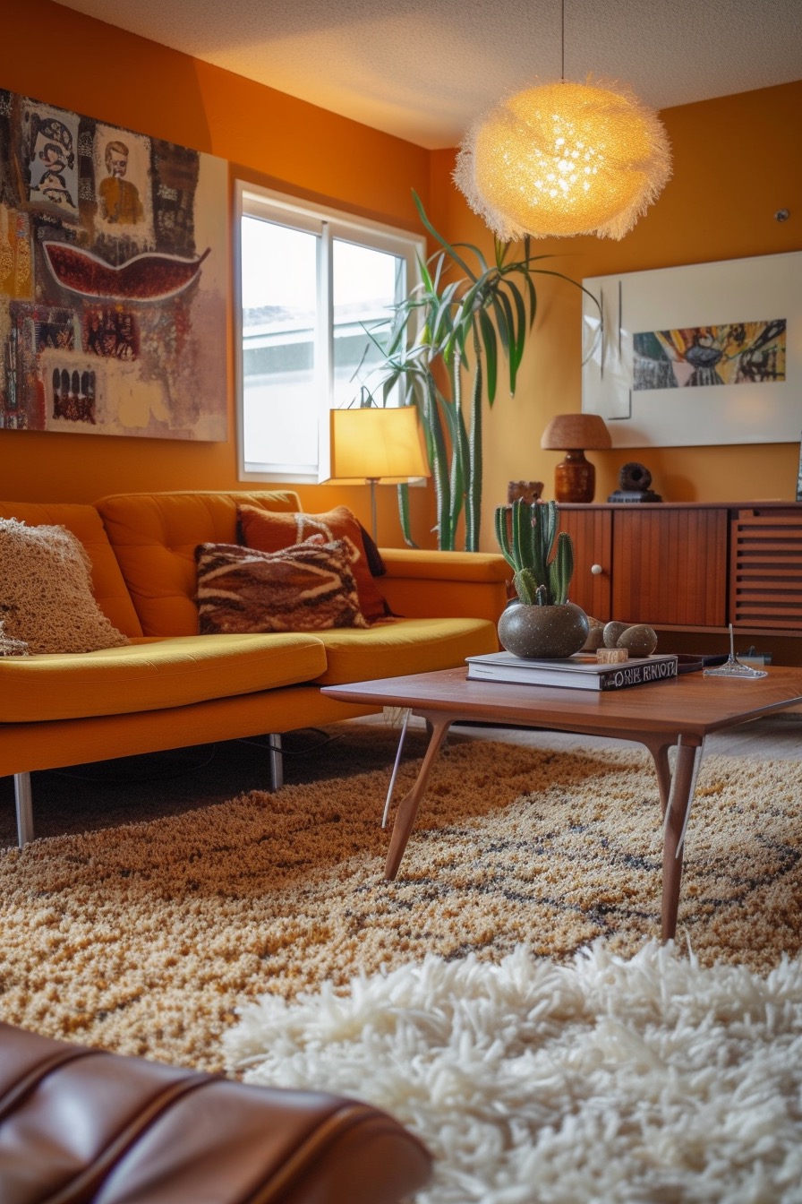 Amber Yellow 70s Inspired Living Room with Textured Chandelier & Shaggy Rugs