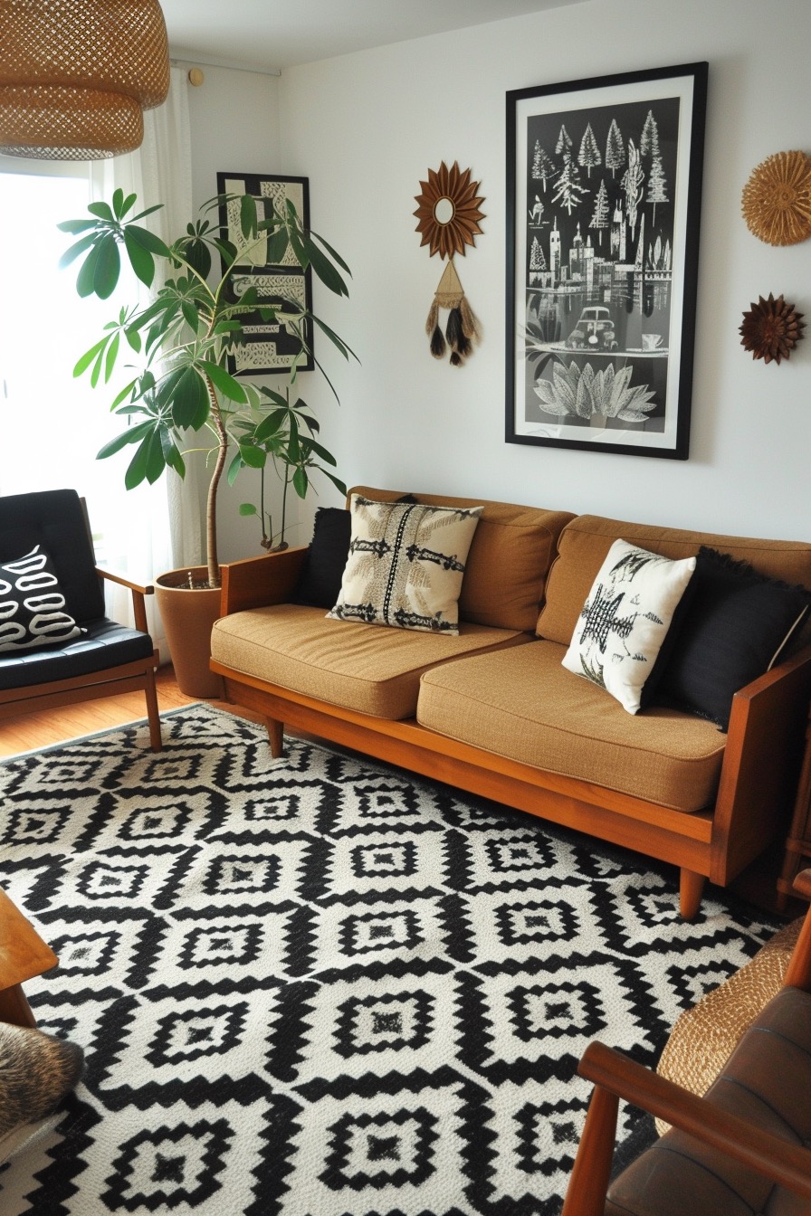 Neutral 70s living room with rattan and black & white accents