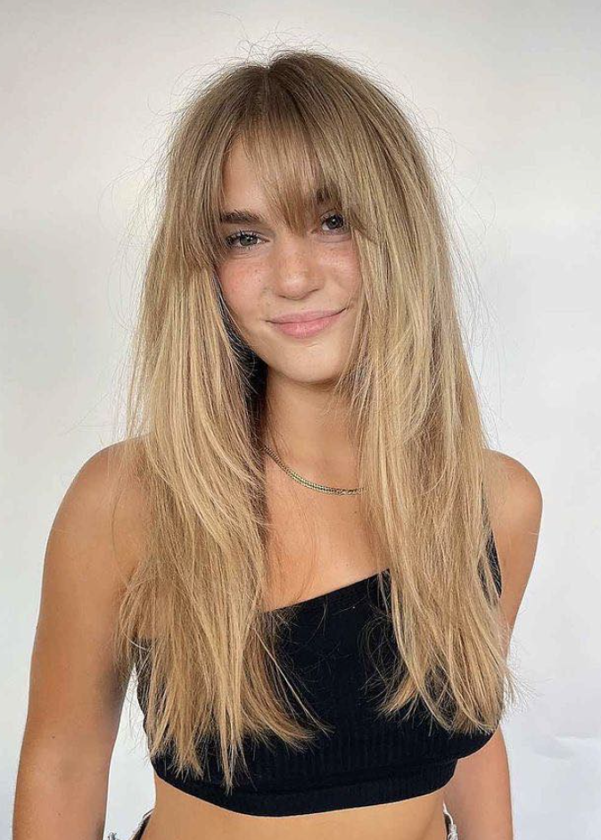 Choppy Feathered bangs with Sunkissed Blonde Hair