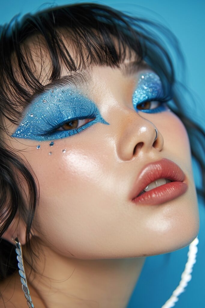 Dramatic Y2K inspired blue glitter eyeshadow with blue liner