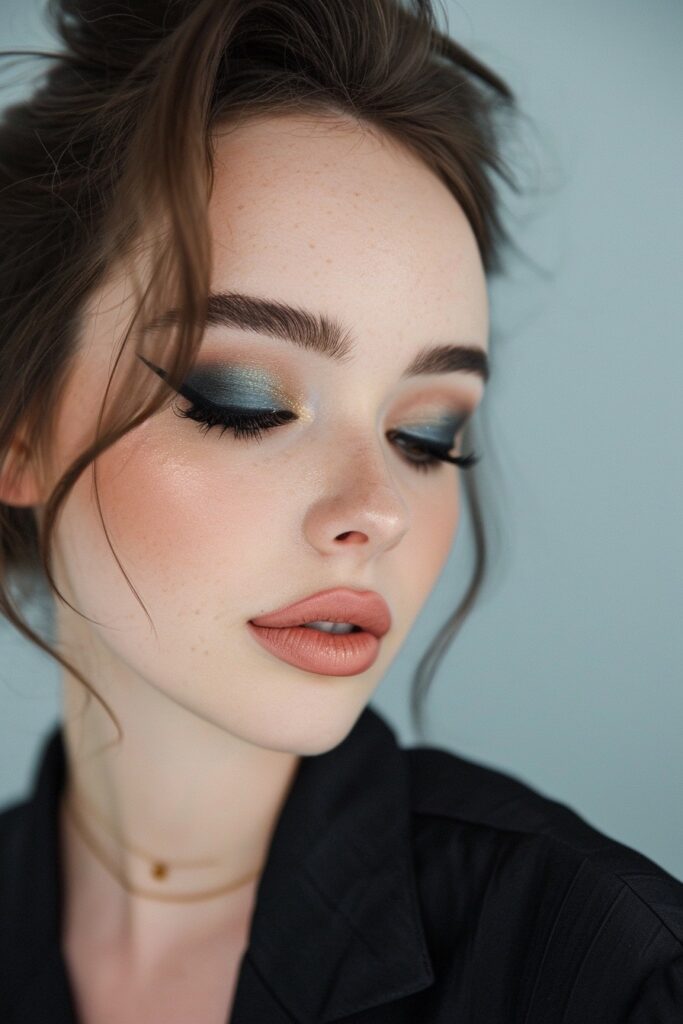 Deep blue & warm beige evening look with winged liner