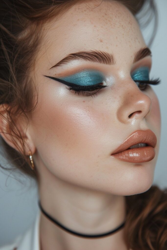 Turquoise and orange evening eyeshadow look with winged liner