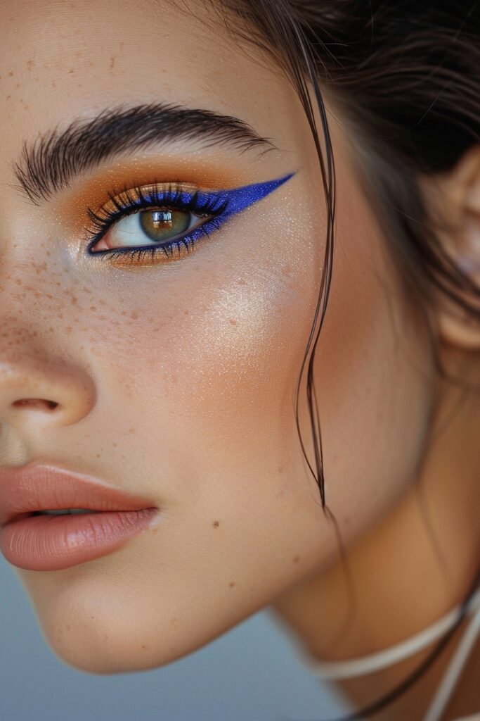 Orange eyeshadow with bright cobalt liner