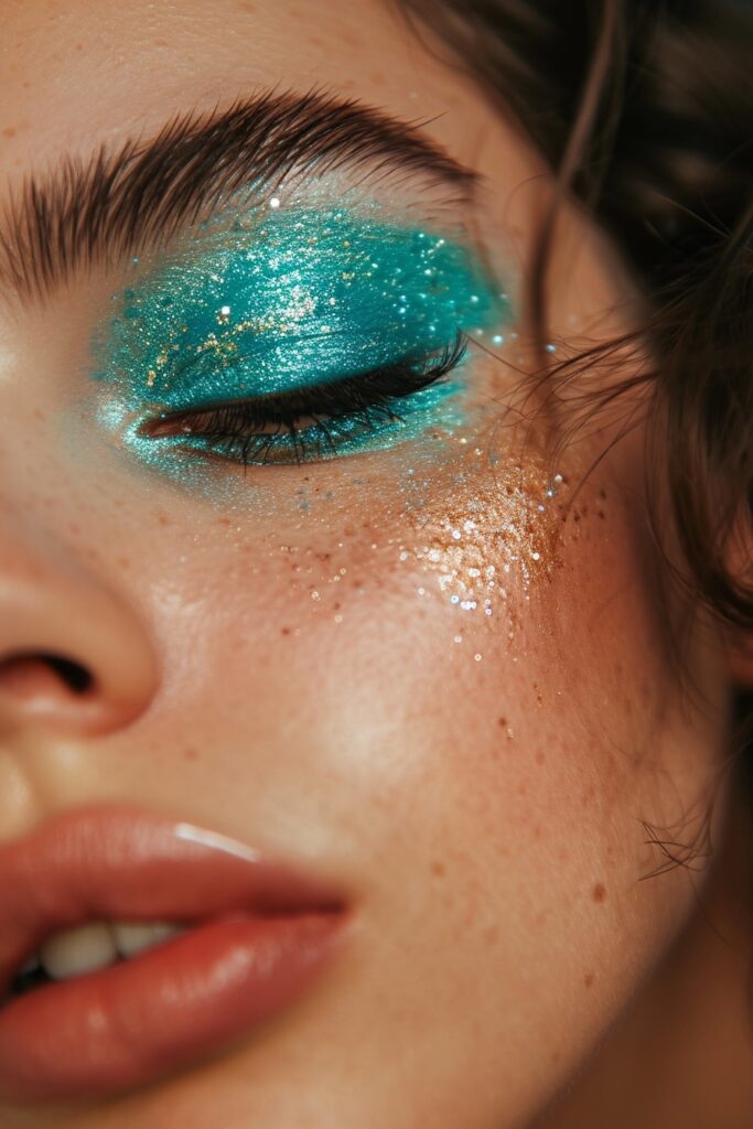 Turquoise & gold glitter eyeshadow with gold face glitter