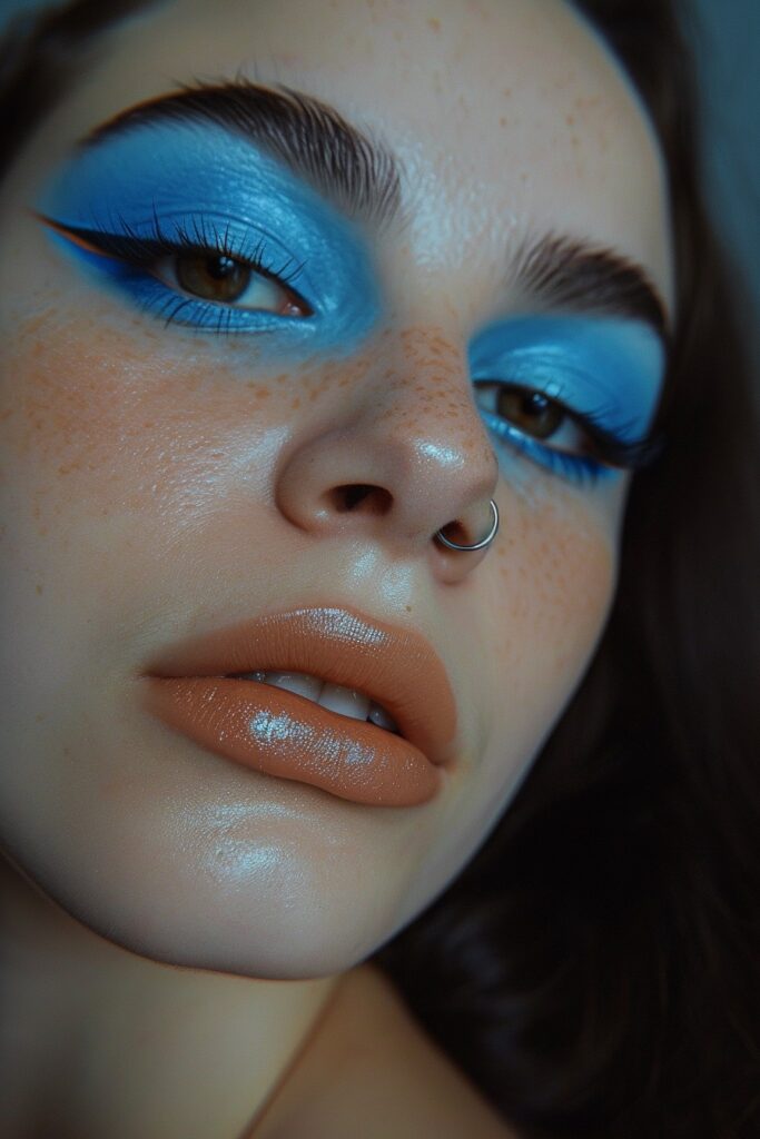Blue eyeshadow with subtle orange liner & coral lips