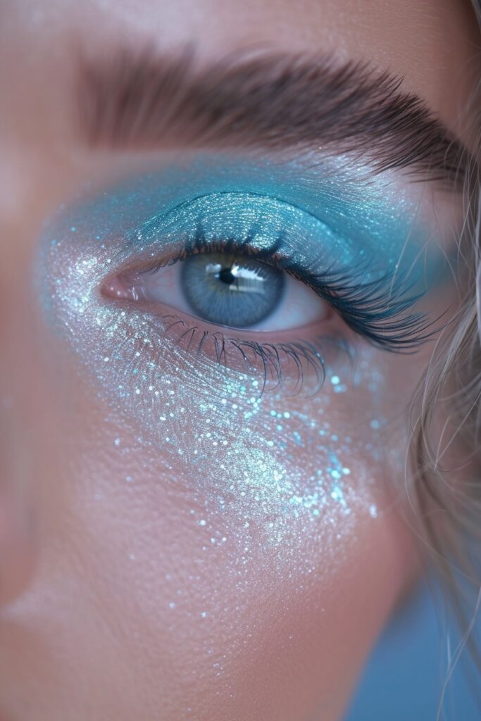 Ethereal blue eyeshadow with white shimmer iridescent glitter undereye