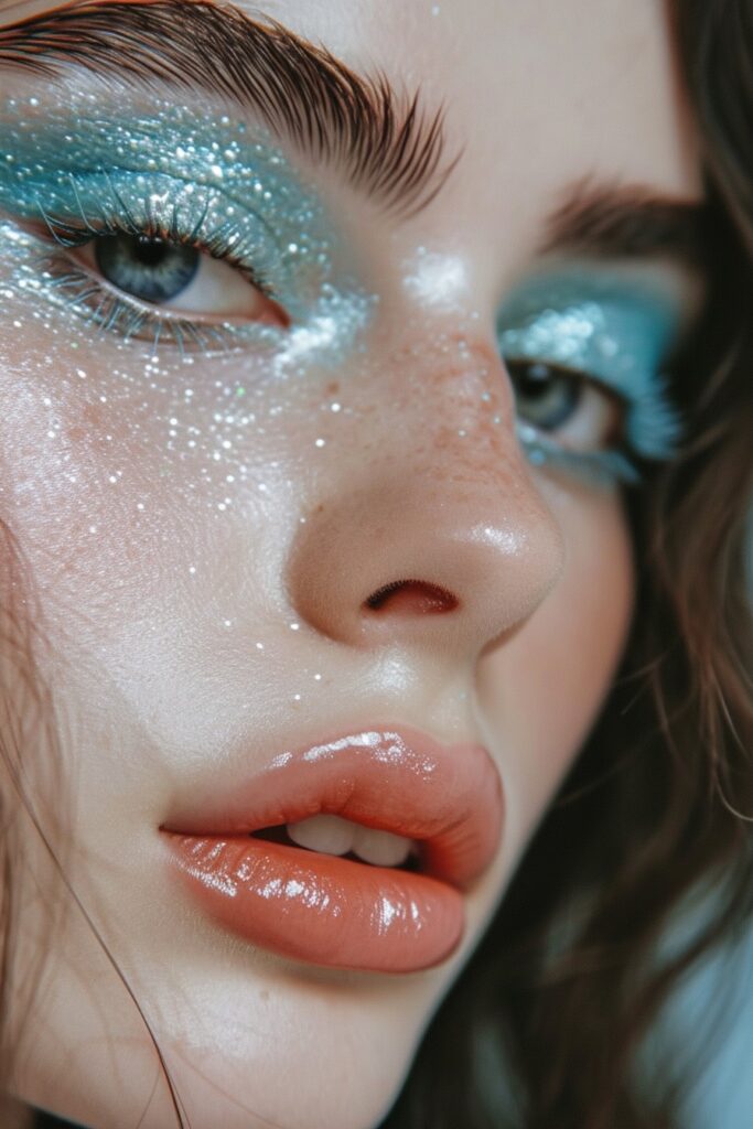Super glittery dramatic baby blue eyeshadow with coral glossy lips