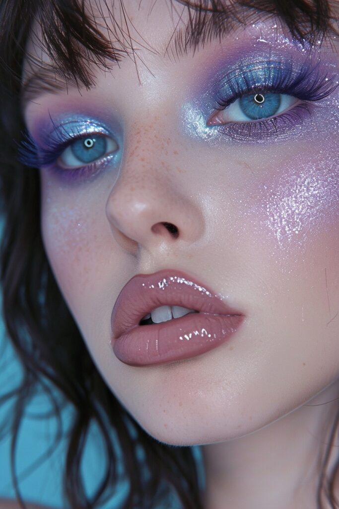 Y2K inspired purple glitter and baby blue eyeshadow with glossy nude lips