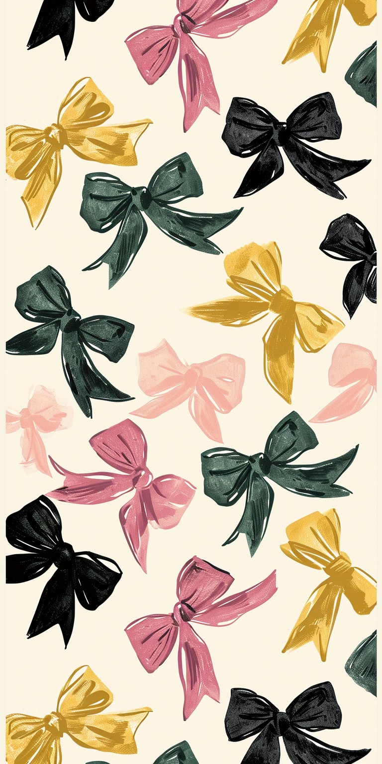 Pink, yellow & dark green illustrated bow phone wallpapers