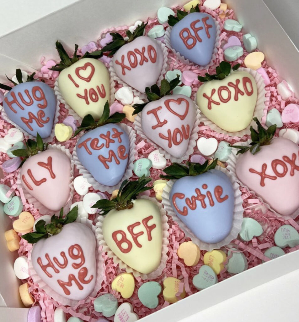 Conversation Hearts Themed Chocolate Covered Strawberries
