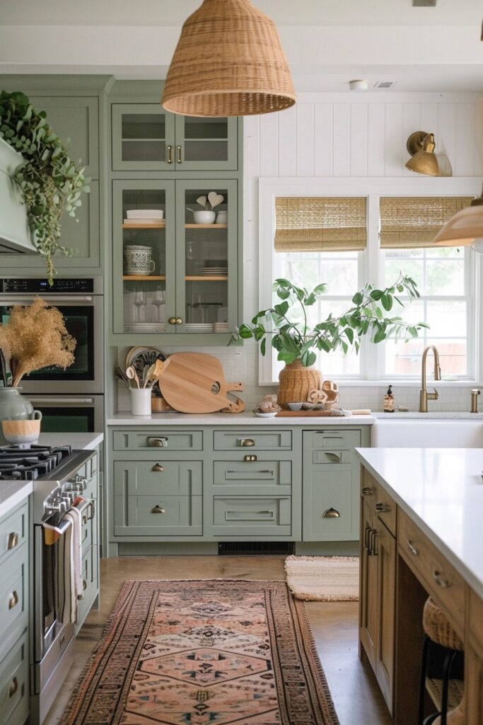 Sage Green Kitchen Cabinets with Natural Wood Island