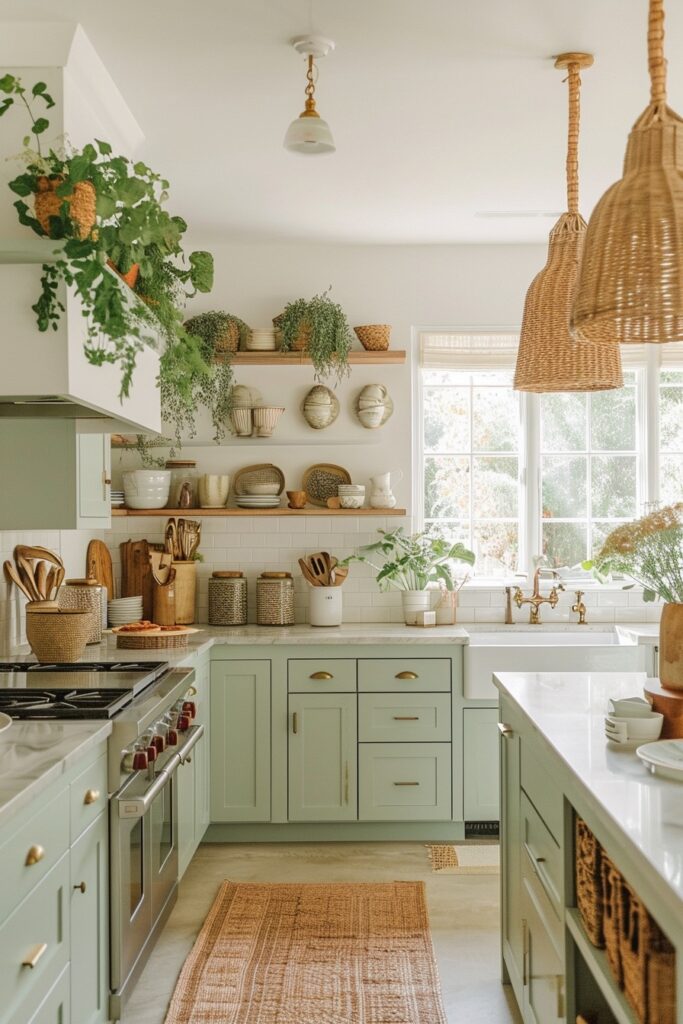Bohemian Kitchen with Sage Green Cabinets & Open Shelving